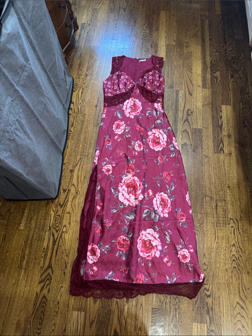 Floral Lace-Accent Maxi Dress in Burgundy